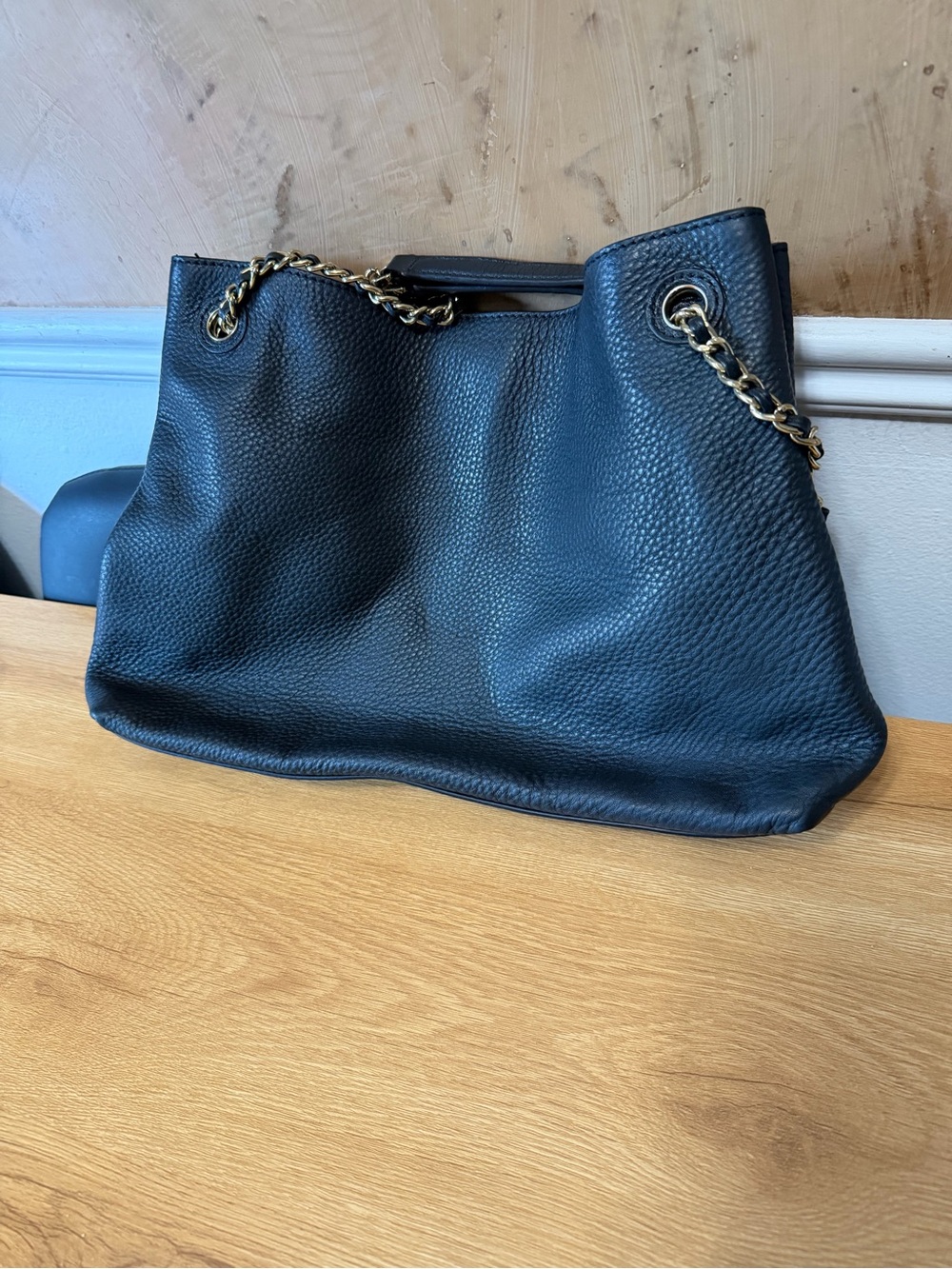 Tory Burch Black Pebbled Leather Chain Tote Shoulder Bag Tassel Large - Picture 2 of 6